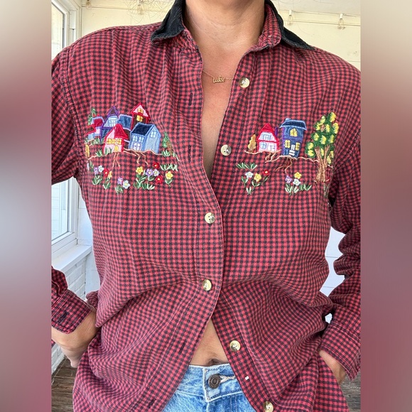 Vintage 90s Y2K Red plaid embroidered Casey & Max button down shirt S - Picture 2 of 6